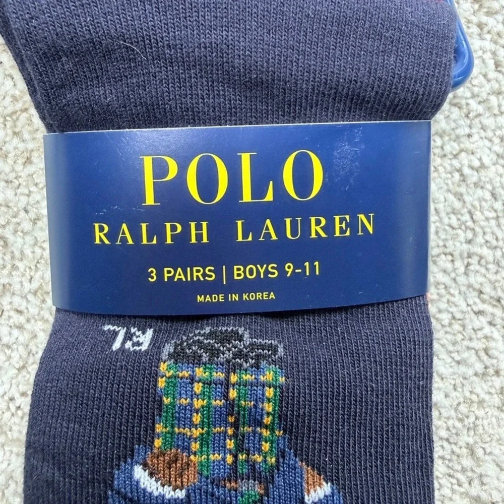 Polo Ralph Lauren Boys 3 Pack Crew Socks Polo Bear Plaid Tartan Navy Red 9-11